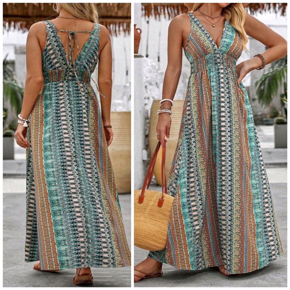 New Boho Tribal Print Tie Back Maxi Dress PLUS Blue Green Orange Black